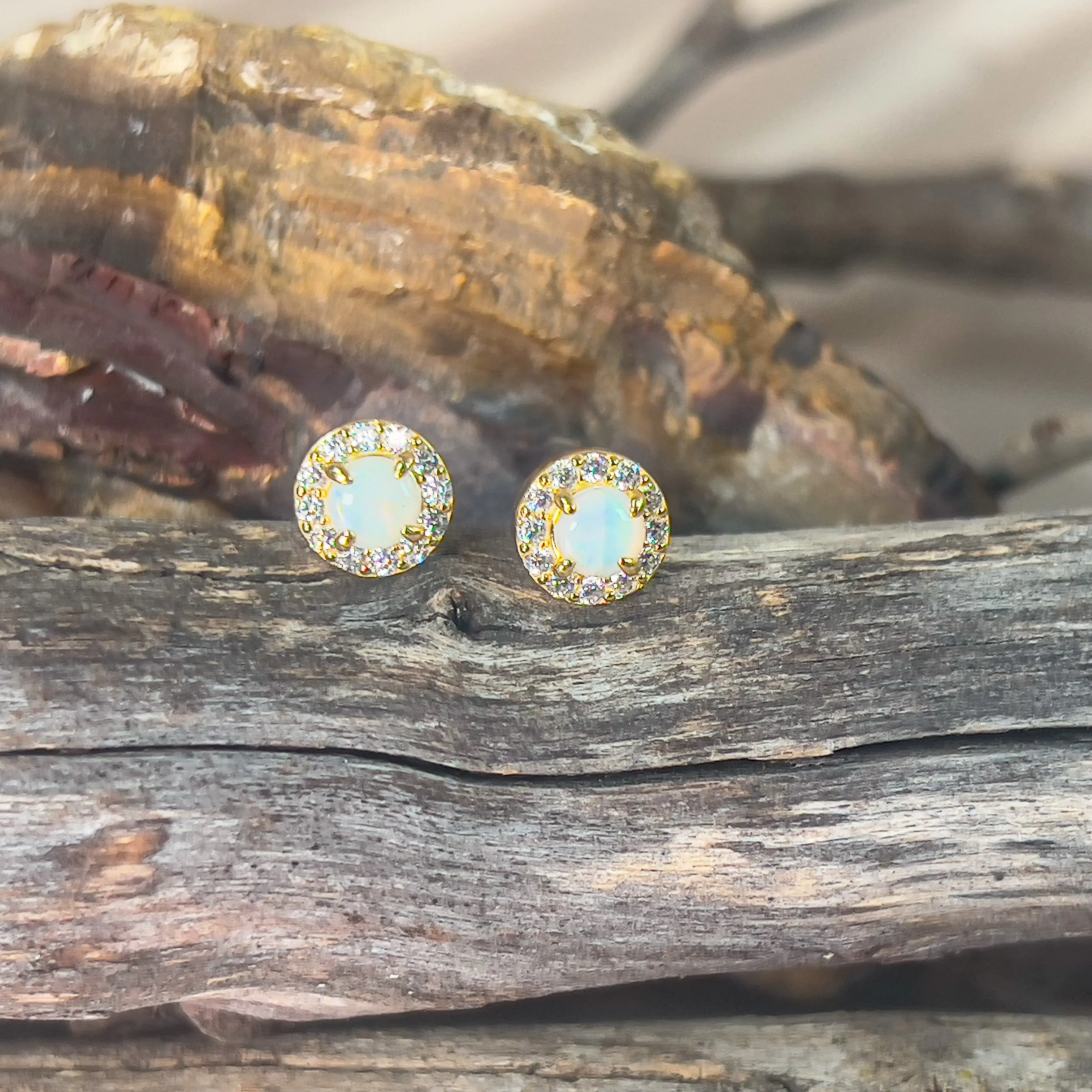 Gold plated Sterling Silver 5mm Light Opal halo studs
