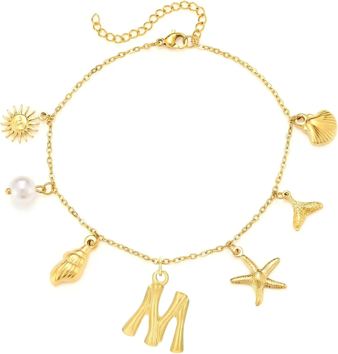 Gold Seashell Initial Ankle for Women Summer Beach Jewelry Stainless Steel Shell Starfish Charm Ankle Bracelets Women Beachy Anklets Jewelry