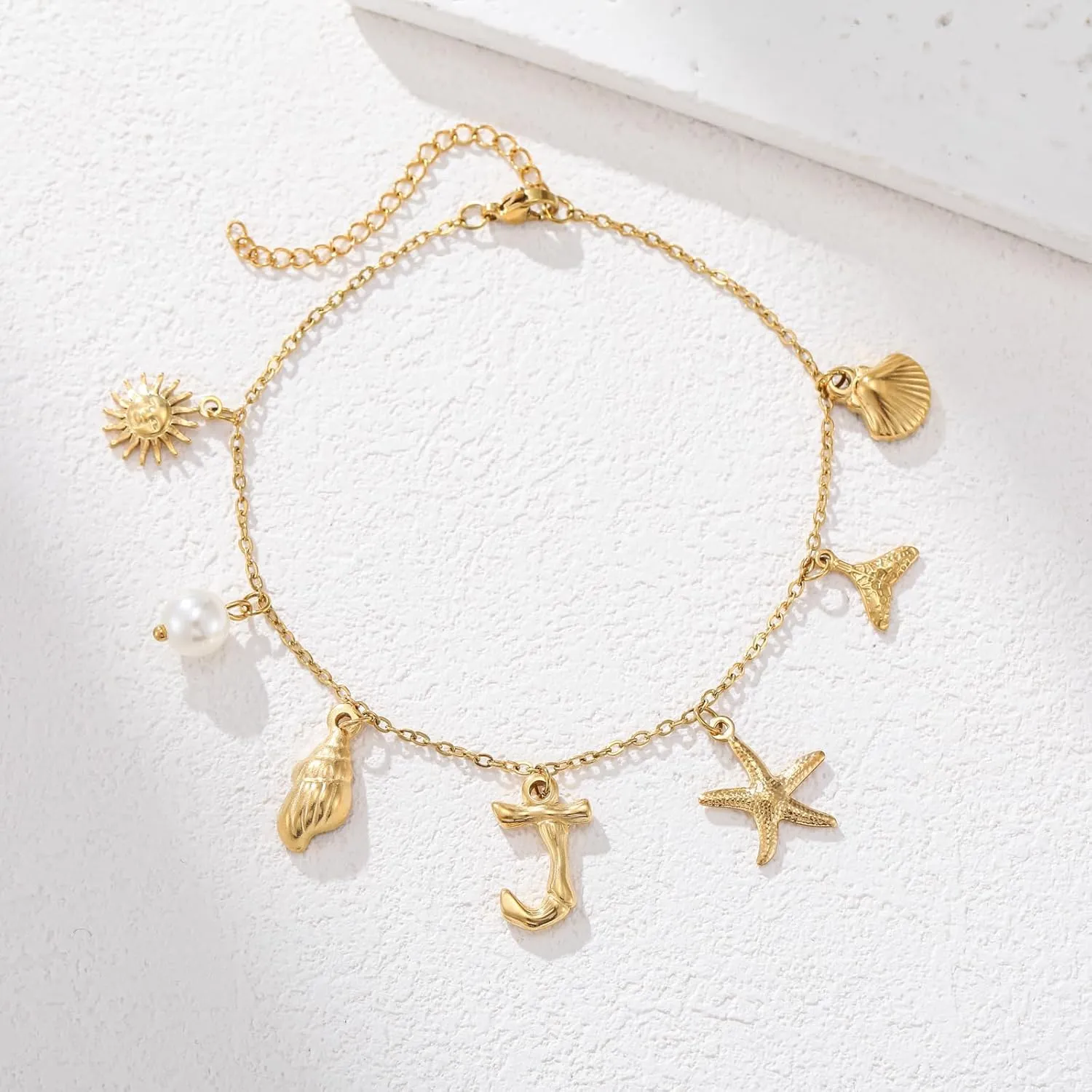 Gold Seashell Initial Ankle for Women Summer Beach Jewelry Stainless Steel Shell Starfish Charm Ankle Bracelets Women Beachy Anklets Jewelry