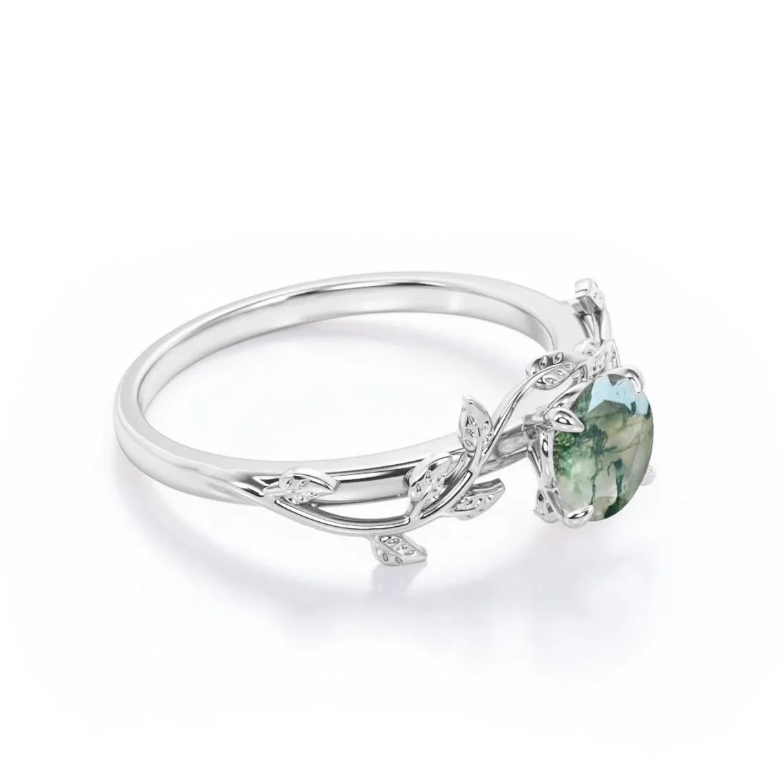 Green Moss Agate 1,25ct Silver Leaf Solitaire