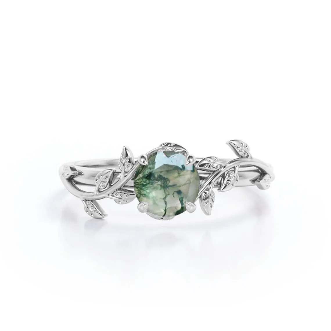Green Moss Agate 1,25ct Silver Leaf Solitaire