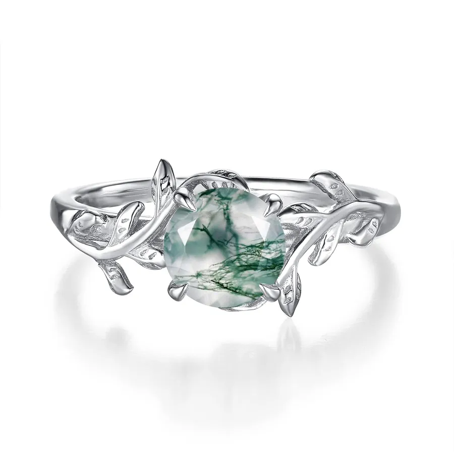 Green Moss Agate 1,25ct Silver Leaf Solitaire