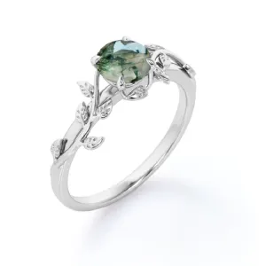 Green Moss Agate 1,25ct Silver Leaf Solitaire