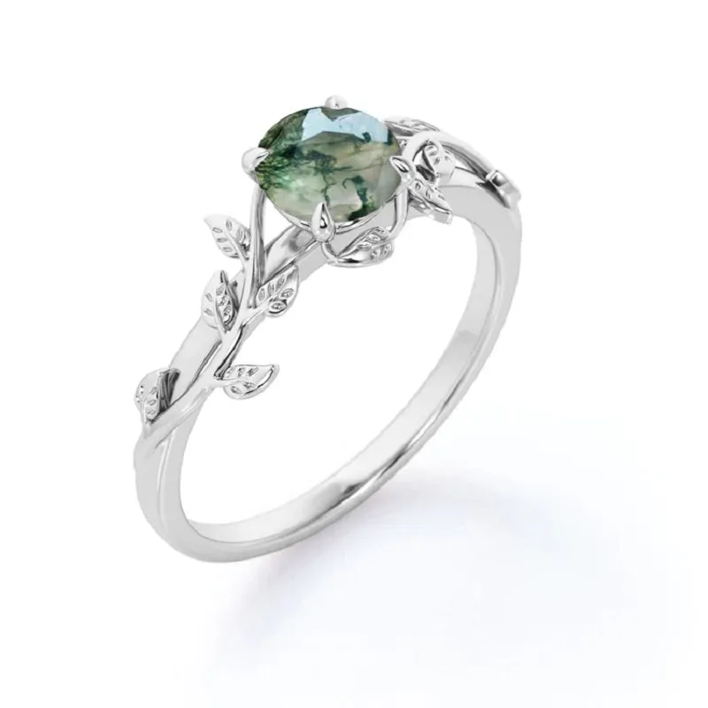 Green Moss Agate 1,25ct Silver Leaf Solitaire