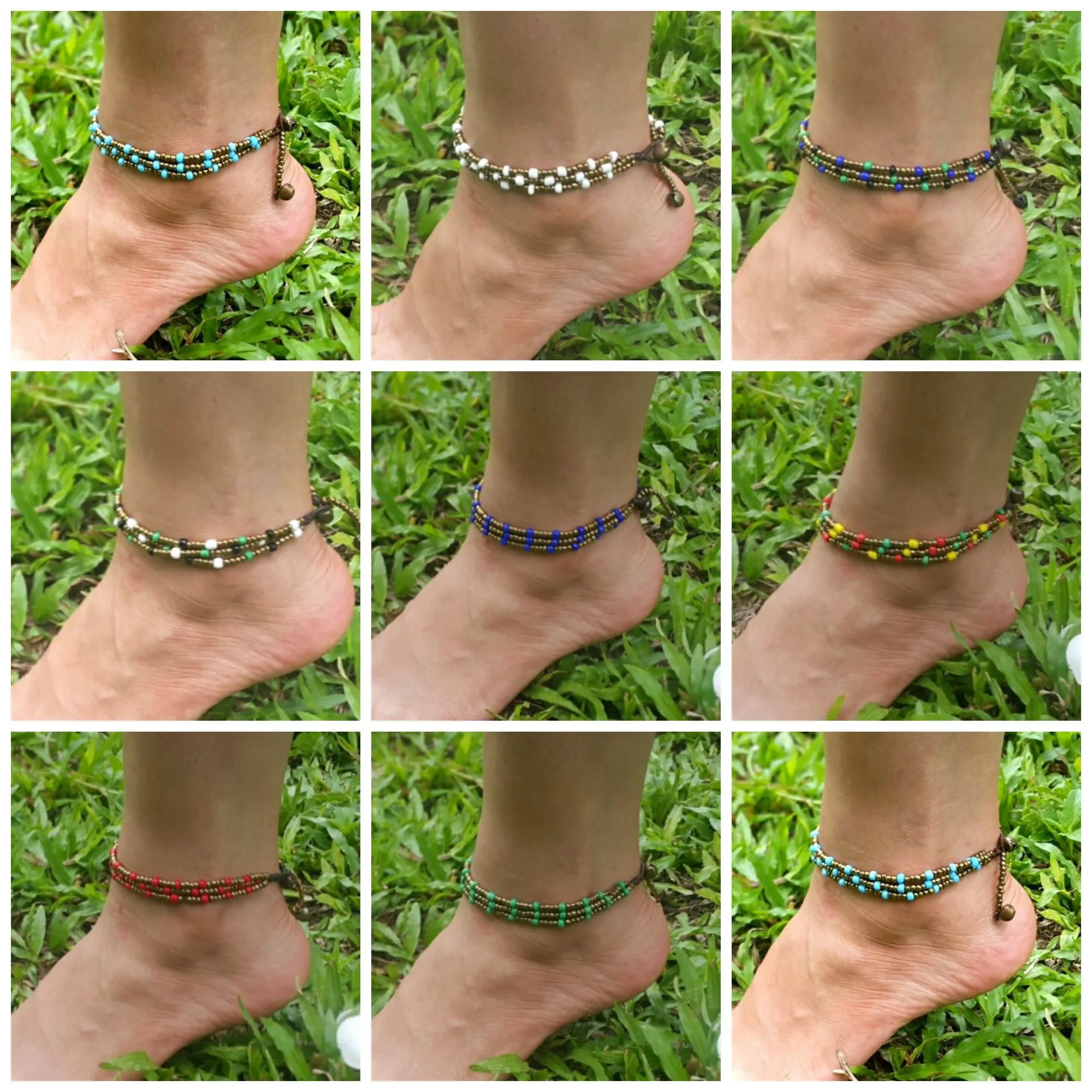 Hand Made Fair Trade Anklet Three Strand Brass Beads Red