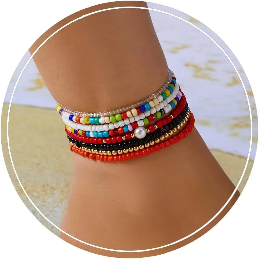 Harlermoon Boho Handmade Beaded African Anklets Evil Eye Anklets Multicolor Stretch Seed Beads Rainbow Ankle Bracelets Elastic Anklets Jewelry for Women