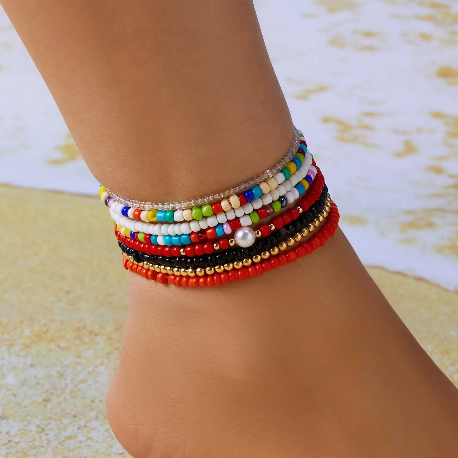 Harlermoon Boho Handmade Beaded African Anklets Evil Eye Anklets Multicolor Stretch Seed Beads Rainbow Ankle Bracelets Elastic Anklets Jewelry for Women