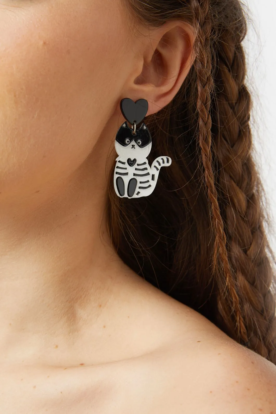 Heart Skeleton Cat Earrings