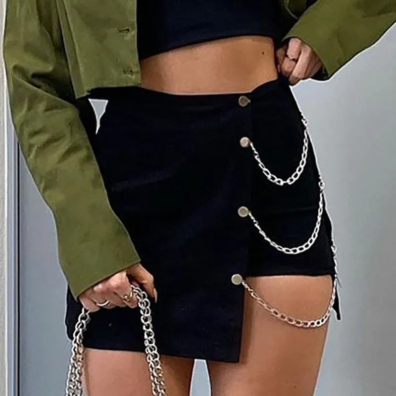 High waist irregular hem with chains casual baggy hip mini skirt