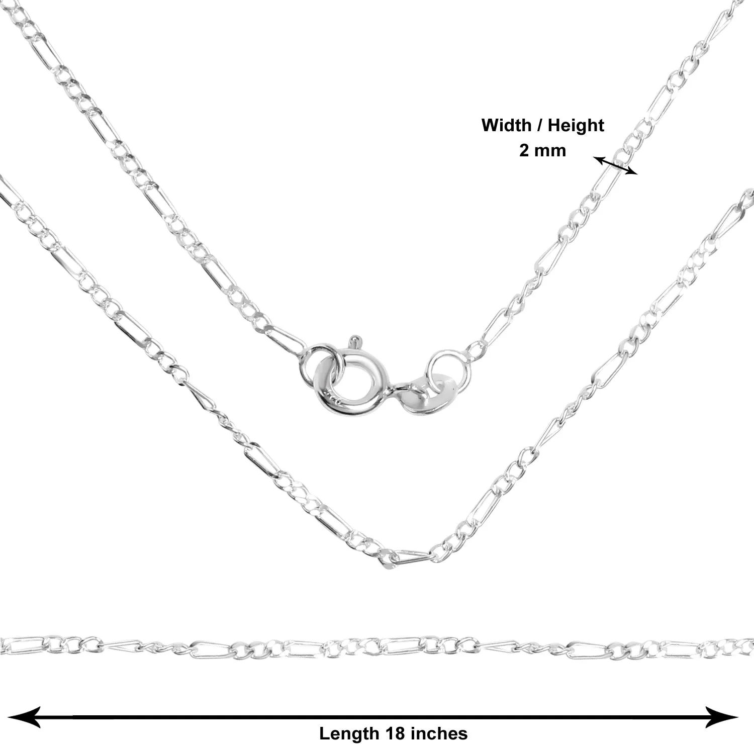 iJuels 925 Sterling Silver 2MM Italian Silver Figaro Chain Girls/Women/Boys/Men - IJSC005-18IN