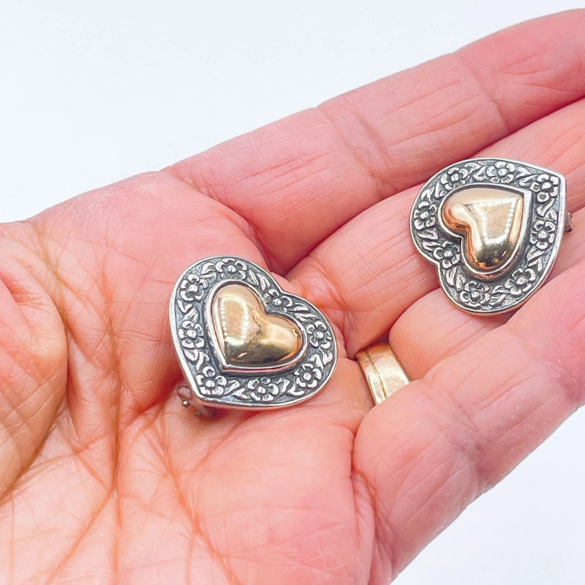 James Avery Vintage Heart-Shaped 925 Sterling Silver 14K Gold Earrings Medium