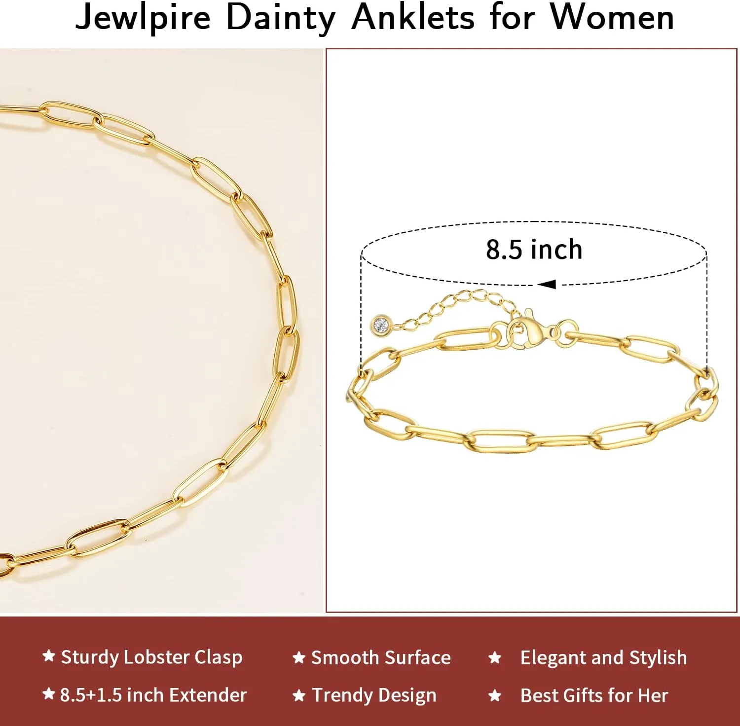 Jewlpire Solid 18K Over Gold Anklet for Women,Gold Anklets for Women Layered/Tennis/Paperclip Link/Herringbone/Evil Eye/Cuban/Mariner/Figaro/Cross/Beaded/Box Anklet Bracelets Trendy Jewelry