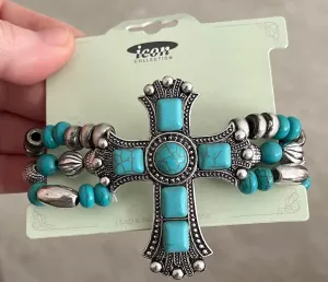 Large Cross Turquoise Stone Western Chunky Beaded Bracelet Turquoise