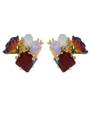 Les Nereides Crystals On Stone And Purple Flower Earrings