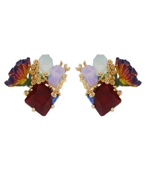 Les Nereides Crystals On Stone And Purple Flower Earrings