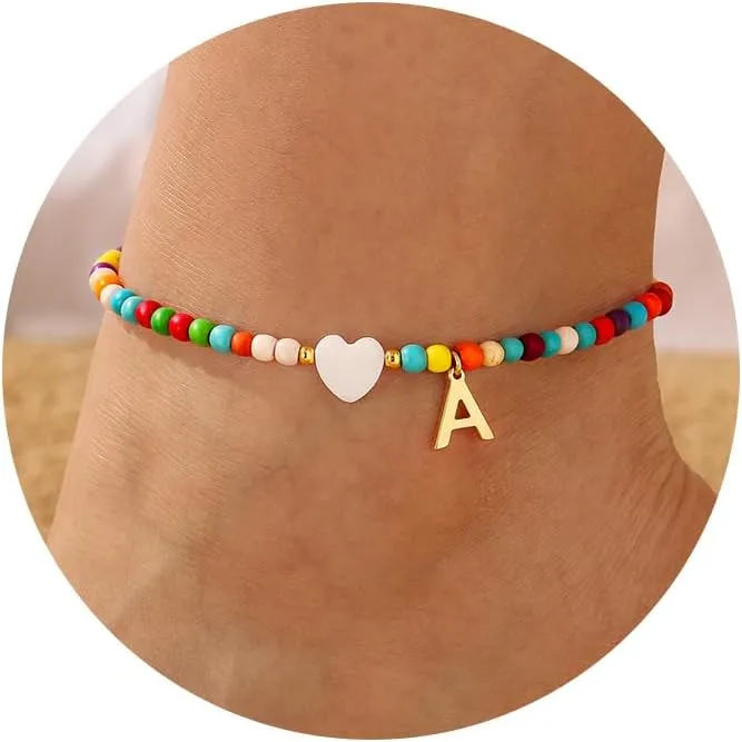 M MOOHAM Colorful Ankle Bracelets for Women - Cute Beaded Initial Ankle Bracelet Bohemian Anklets,Simple Charm Anklets, Jewelry Gifts for Women Birthday Ideas