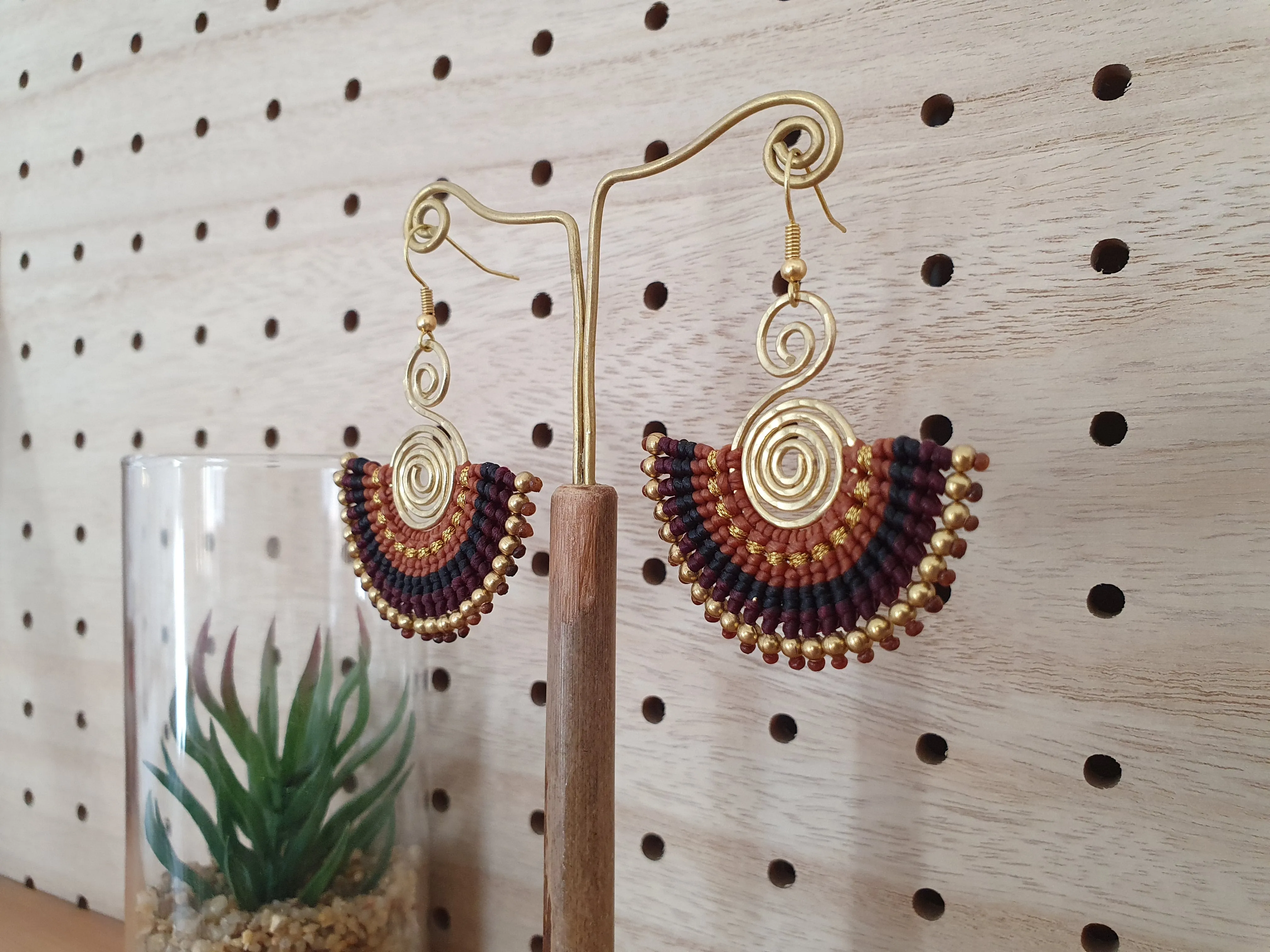 Macramé fan earrings, Autumn Winter brown gold caramel Thai braided wire art spiral earrings, boho tribal earthy witchy gift for her woman
