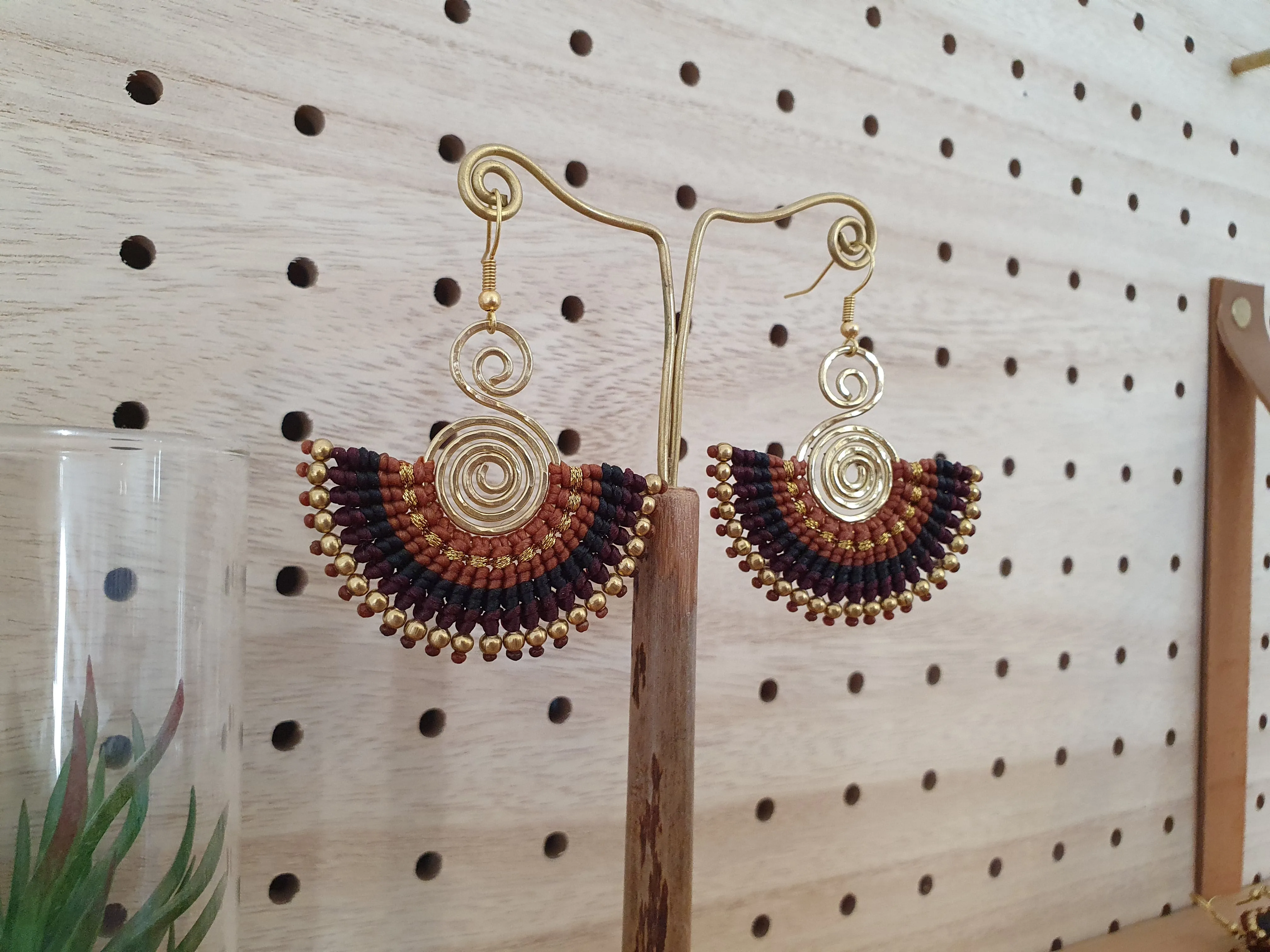 Macramé fan earrings, Autumn Winter brown gold caramel Thai braided wire art spiral earrings, boho tribal earthy witchy gift for her woman