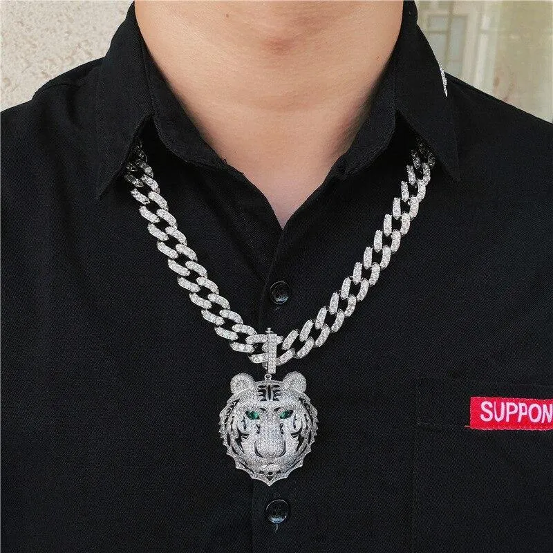 Men's Large Tiger Head Pendant Iced Out Necklace