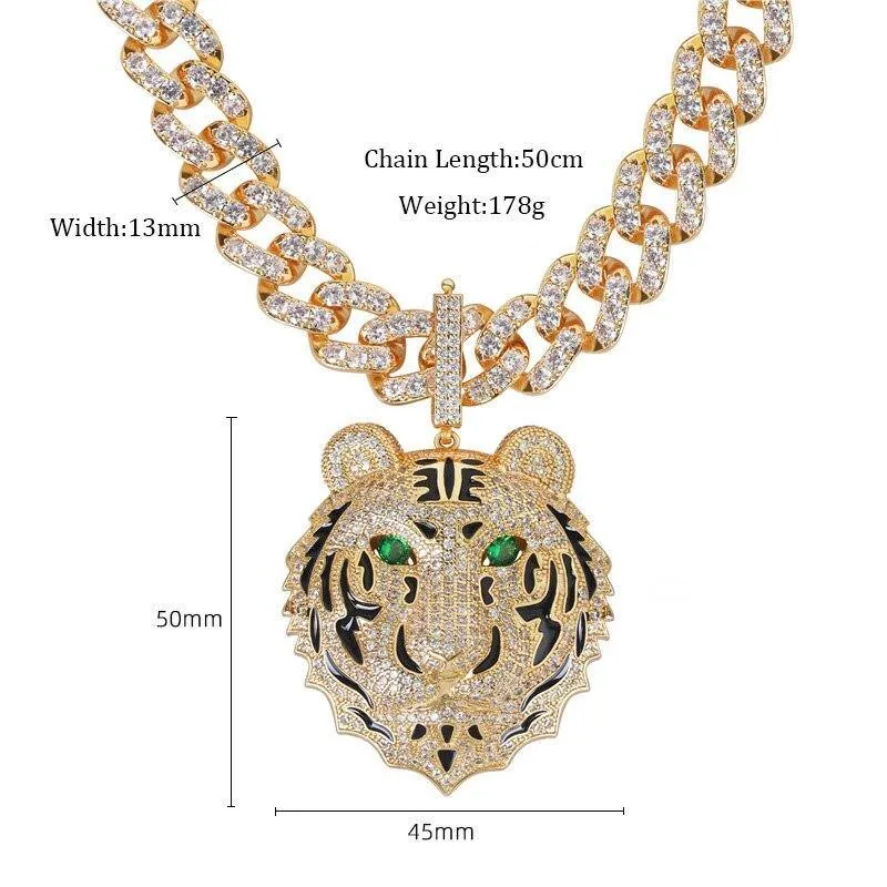 Men's Large Tiger Head Pendant Iced Out Necklace