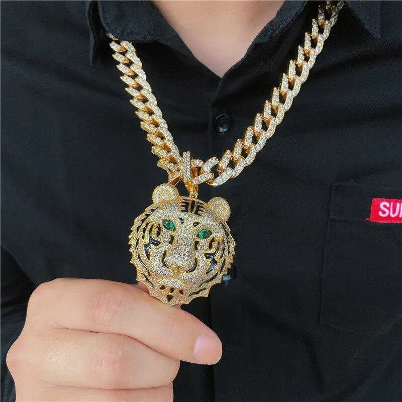 Men's Large Tiger Head Pendant Iced Out Necklace