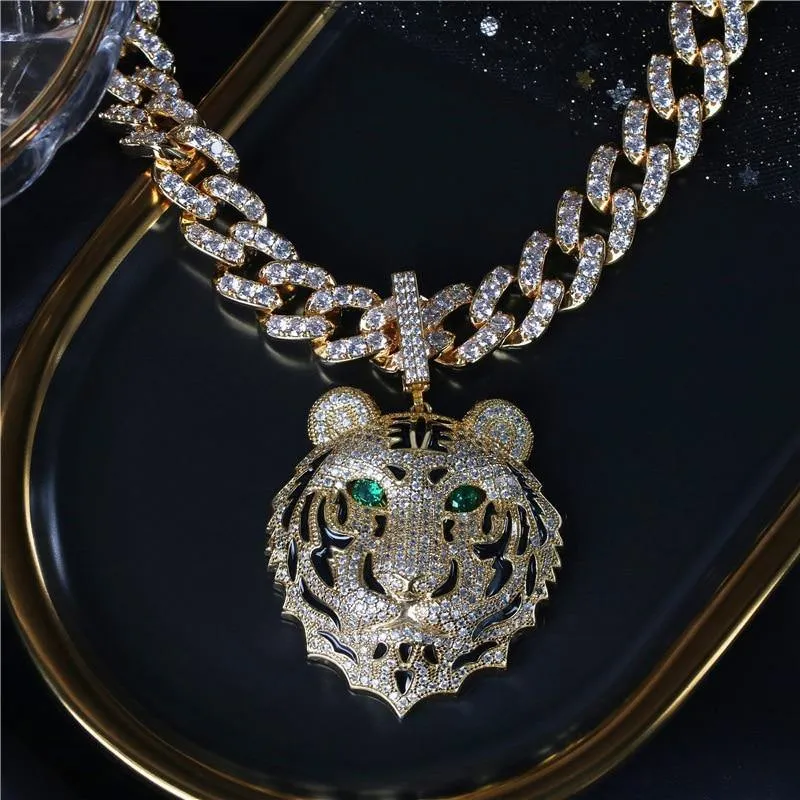 Men's Large Tiger Head Pendant Iced Out Necklace