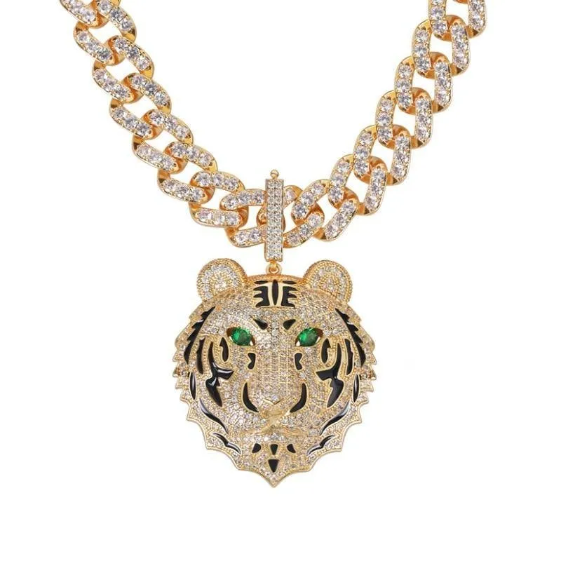Men's Large Tiger Head Pendant Iced Out Necklace