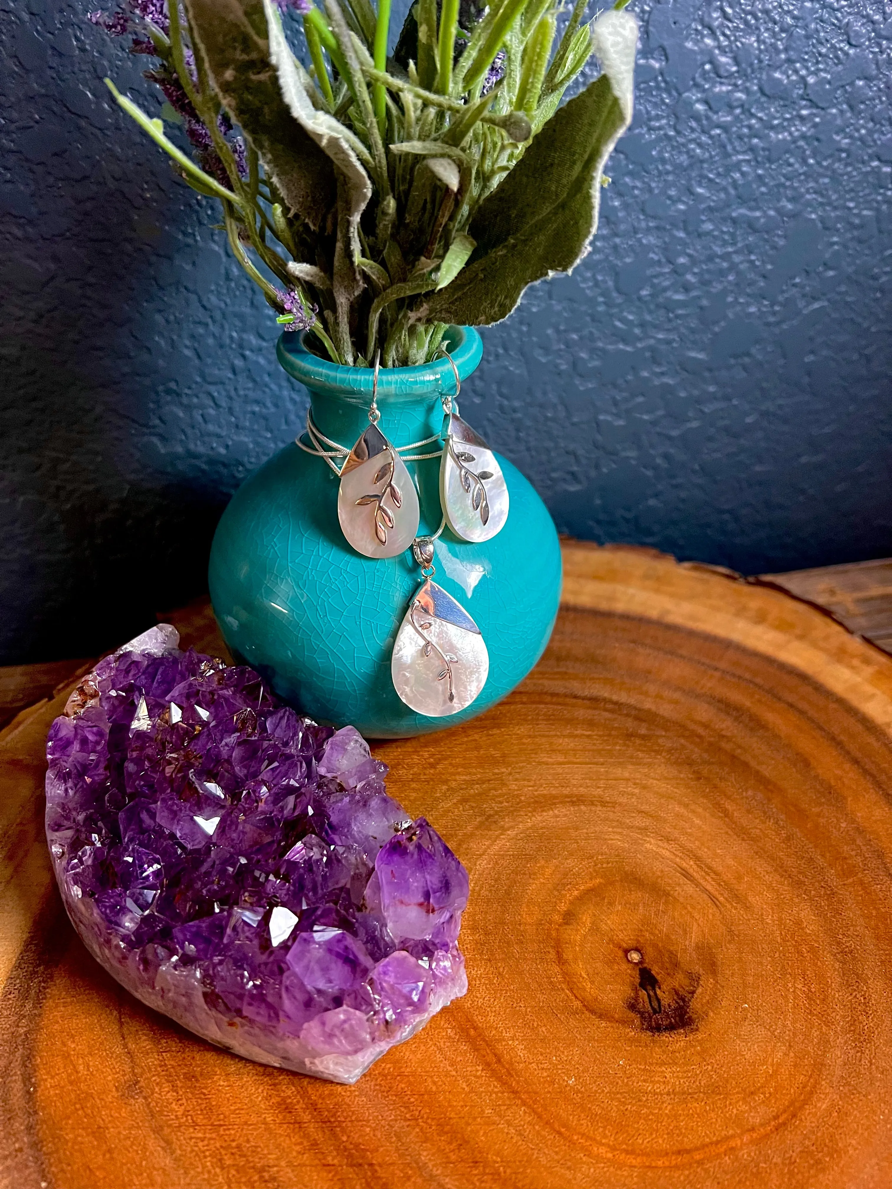 Mother of Pearl & Sterling Silver Leaf Necklace and Earring Set