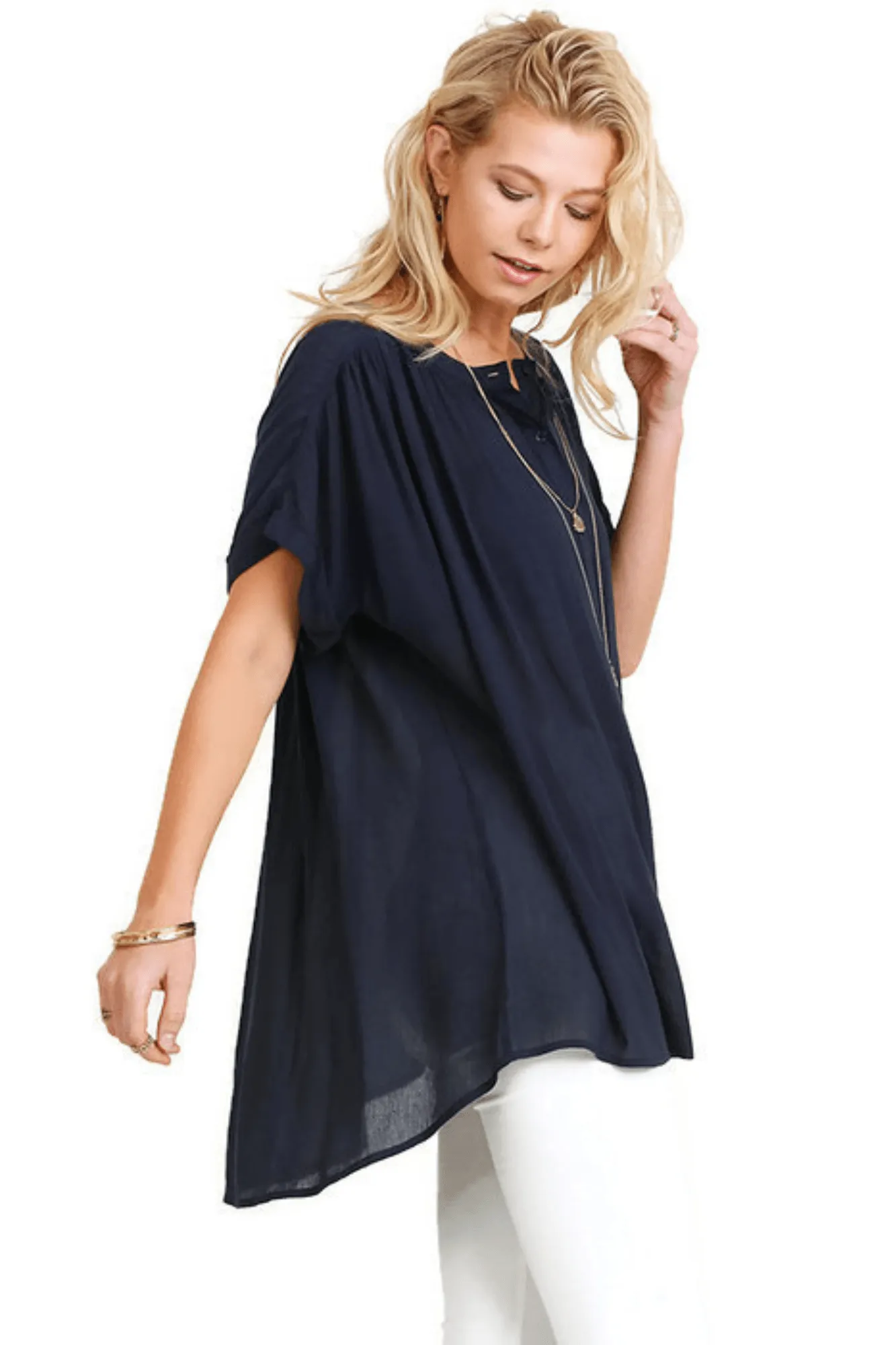 Navy Mandarin Collar Button Up Tunic