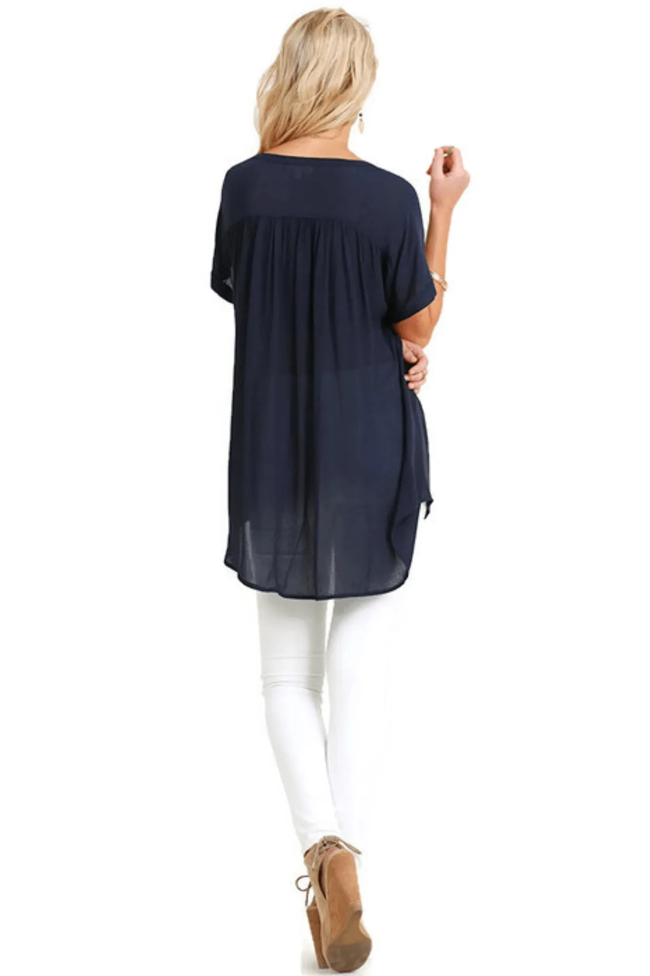 Navy Mandarin Collar Button Up Tunic