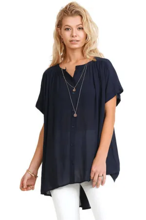 Navy Mandarin Collar Button Up Tunic