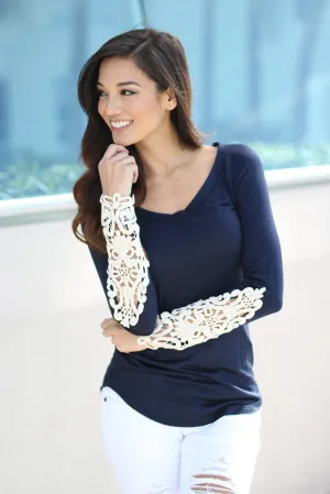 Navy Top With Long Crochet Sleeves