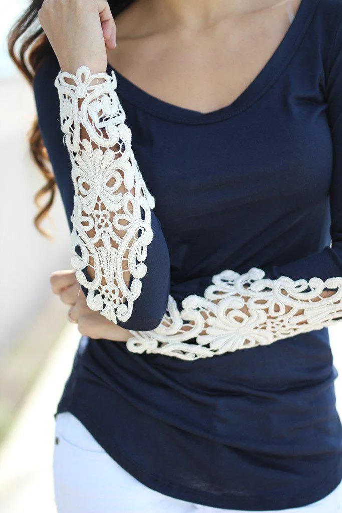 Navy Top With Long Crochet Sleeves