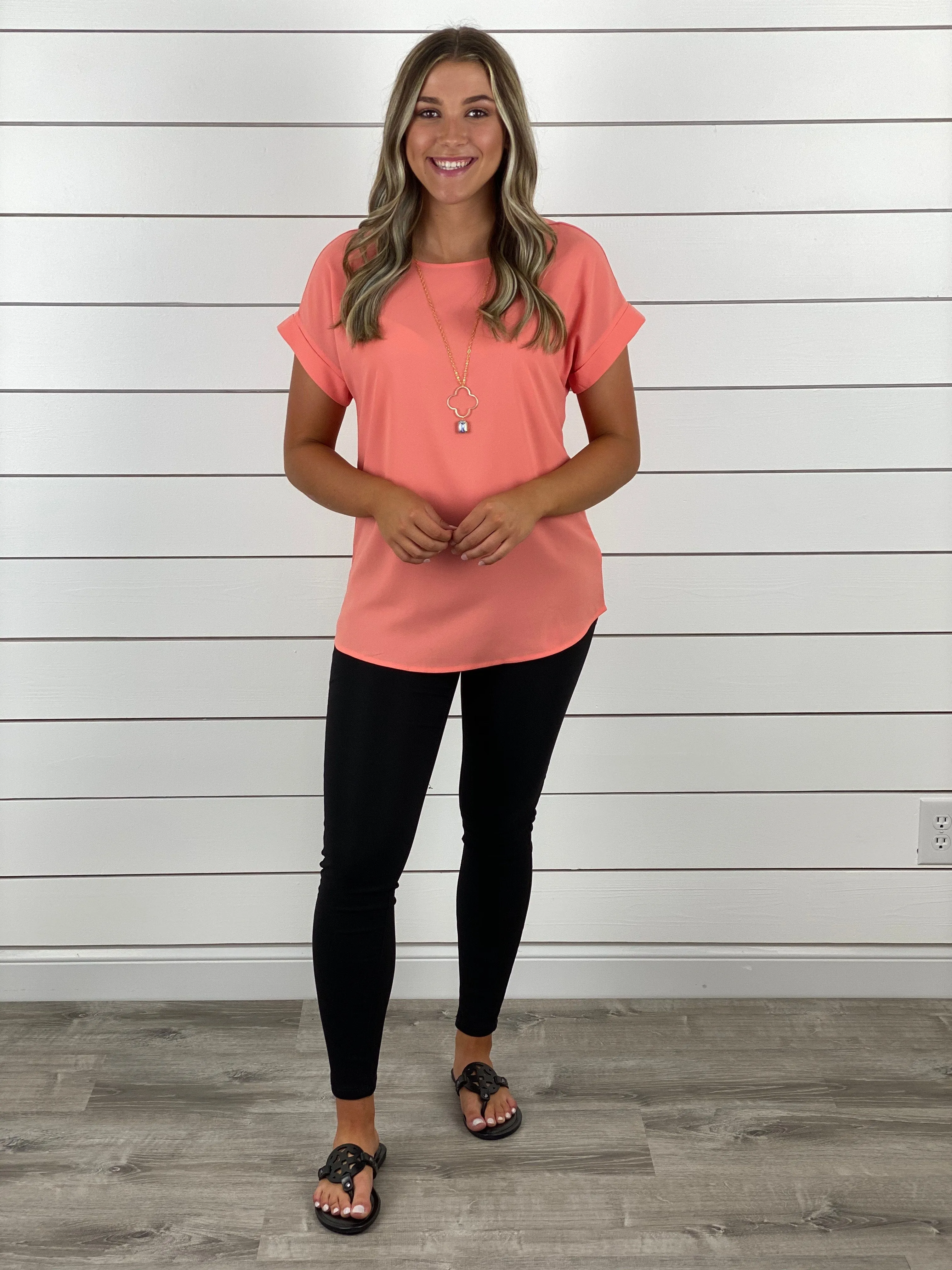 Office Essentials Crew Neck Blouse - Coral