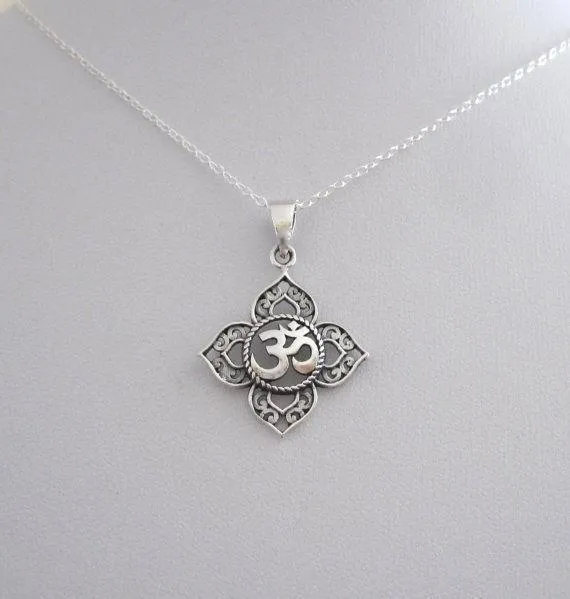OM Lotus Symbol Charm Silver Pendant Necklace