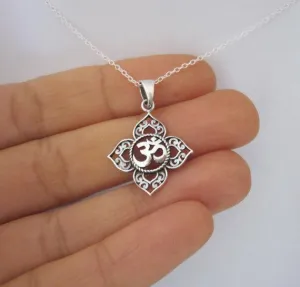 OM Lotus Symbol Charm Silver Pendant Necklace
