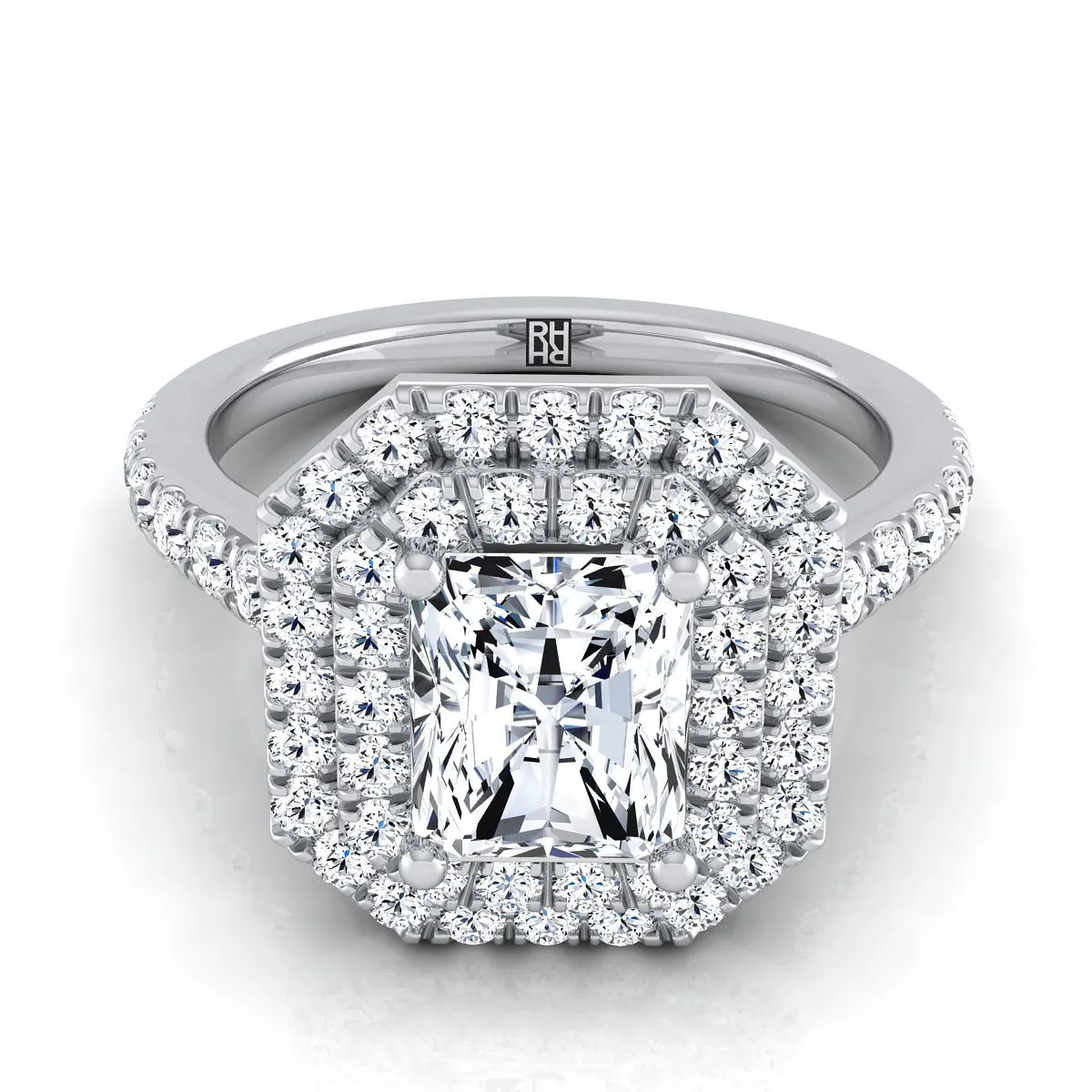 Platinum Radiant Cut Center Double Pave Halo with Linear Diamond Engagement Ring -7/8ctw
