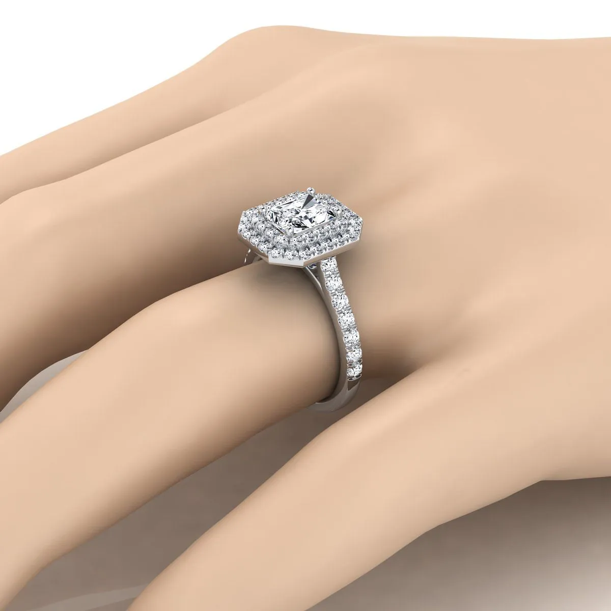 Platinum Radiant Cut Center Double Pave Halo with Linear Diamond Engagement Ring -7/8ctw