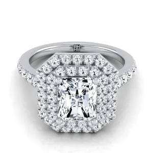 Platinum Radiant Cut Center Double Pave Halo with Linear Diamond Engagement Ring -7/8ctw