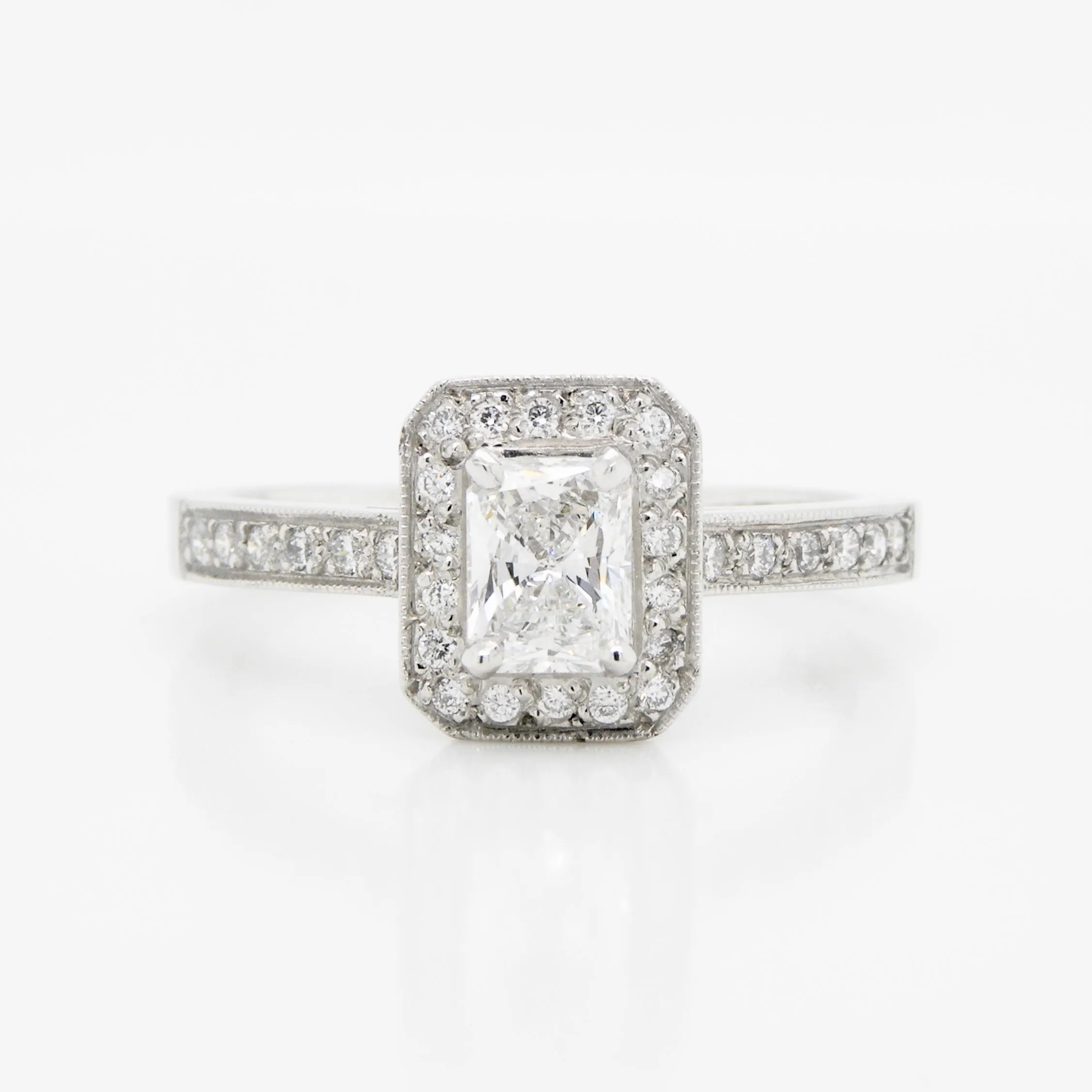 Platinum Radiant Cut Diamond Ring .50ct with Vintage Halo and grain set Shoulders .25ct