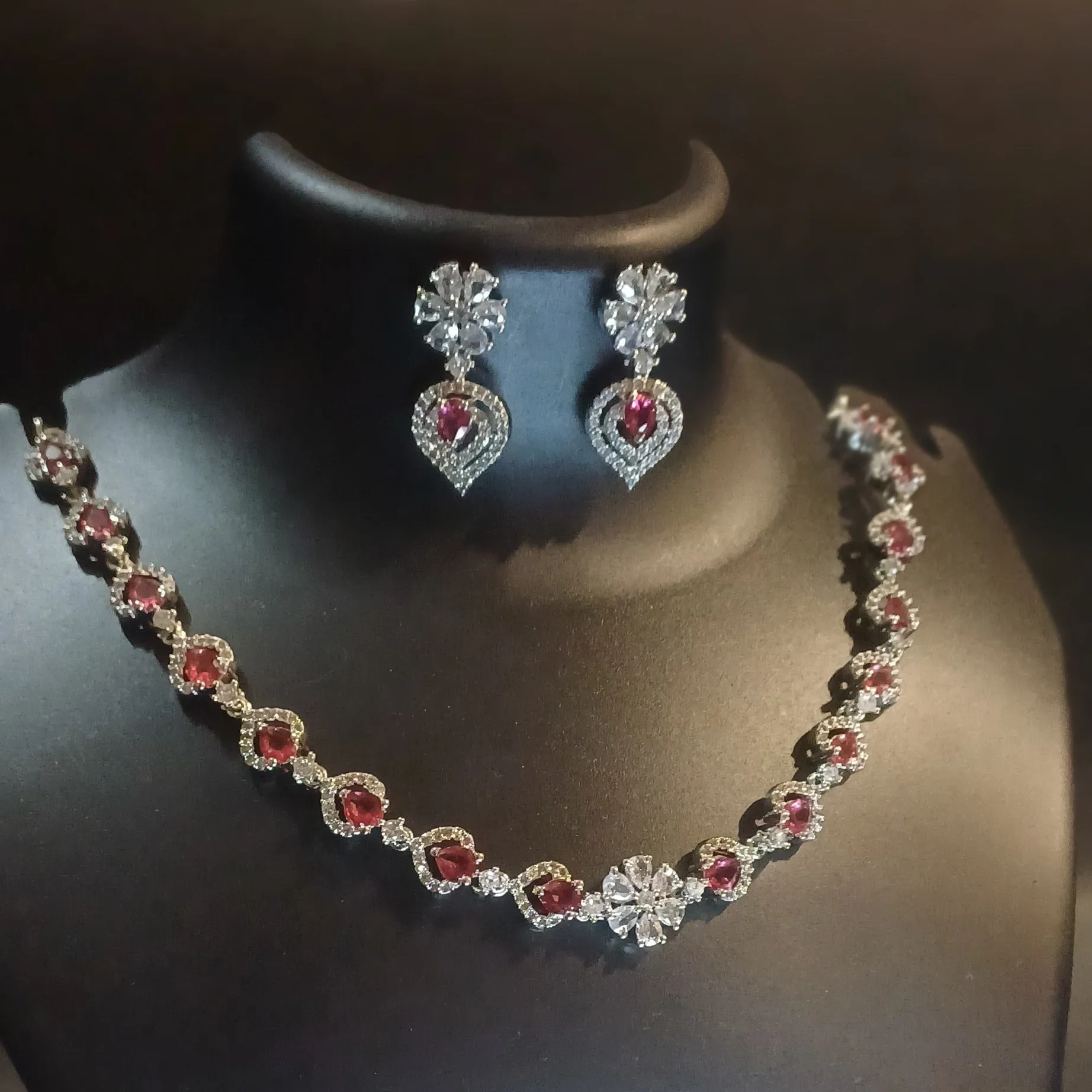 Royal pink diamond neckline with designer earrings