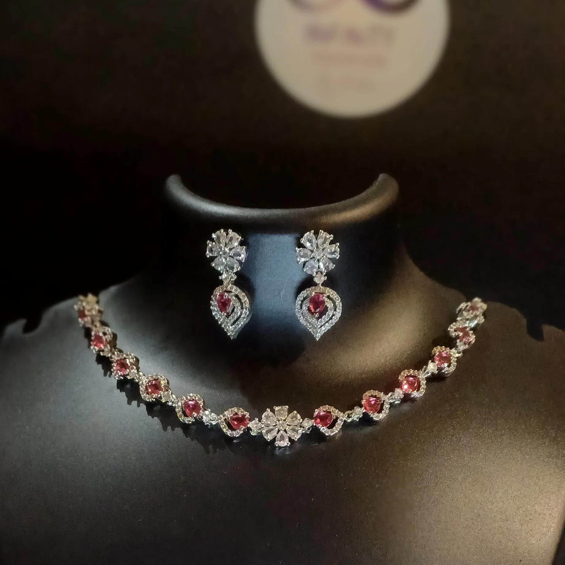 Royal pink diamond neckline with designer earrings