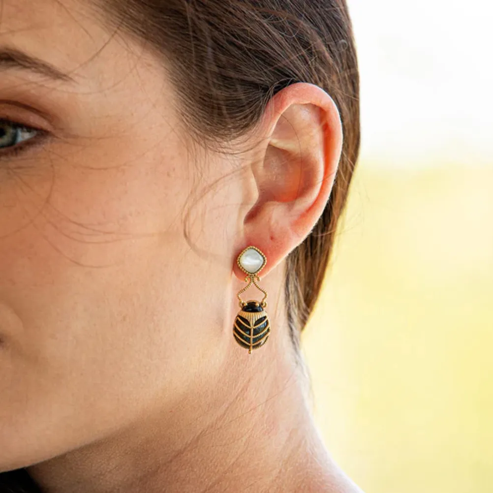 Scarab Drop Earrings - Blue Labradorite/MOP