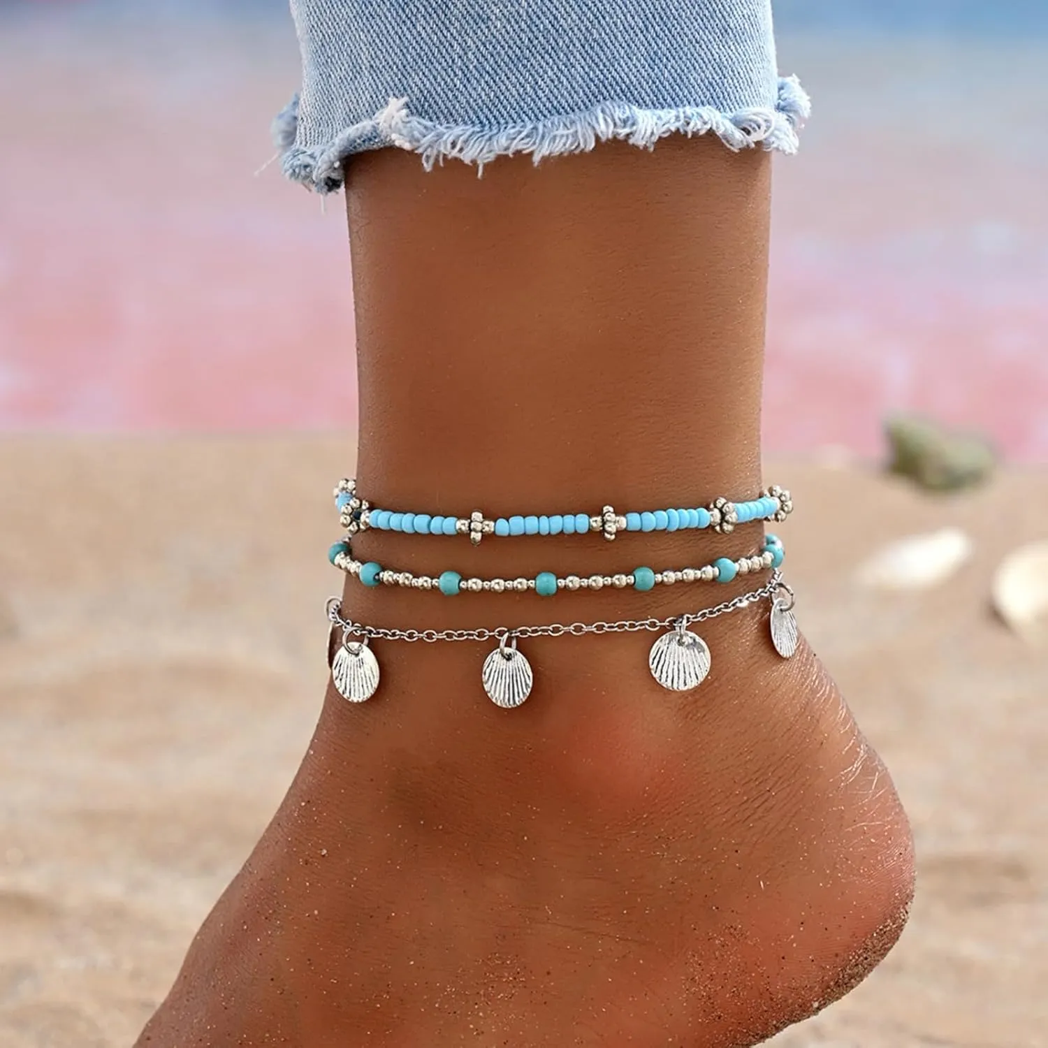 Shell Multiple Layers Ankle Bracelet for Women,Vintage Pearl Gold Anklet Statement Boho Adjustable Stackable Ankle Bracelet Classic Fashion Jewelry