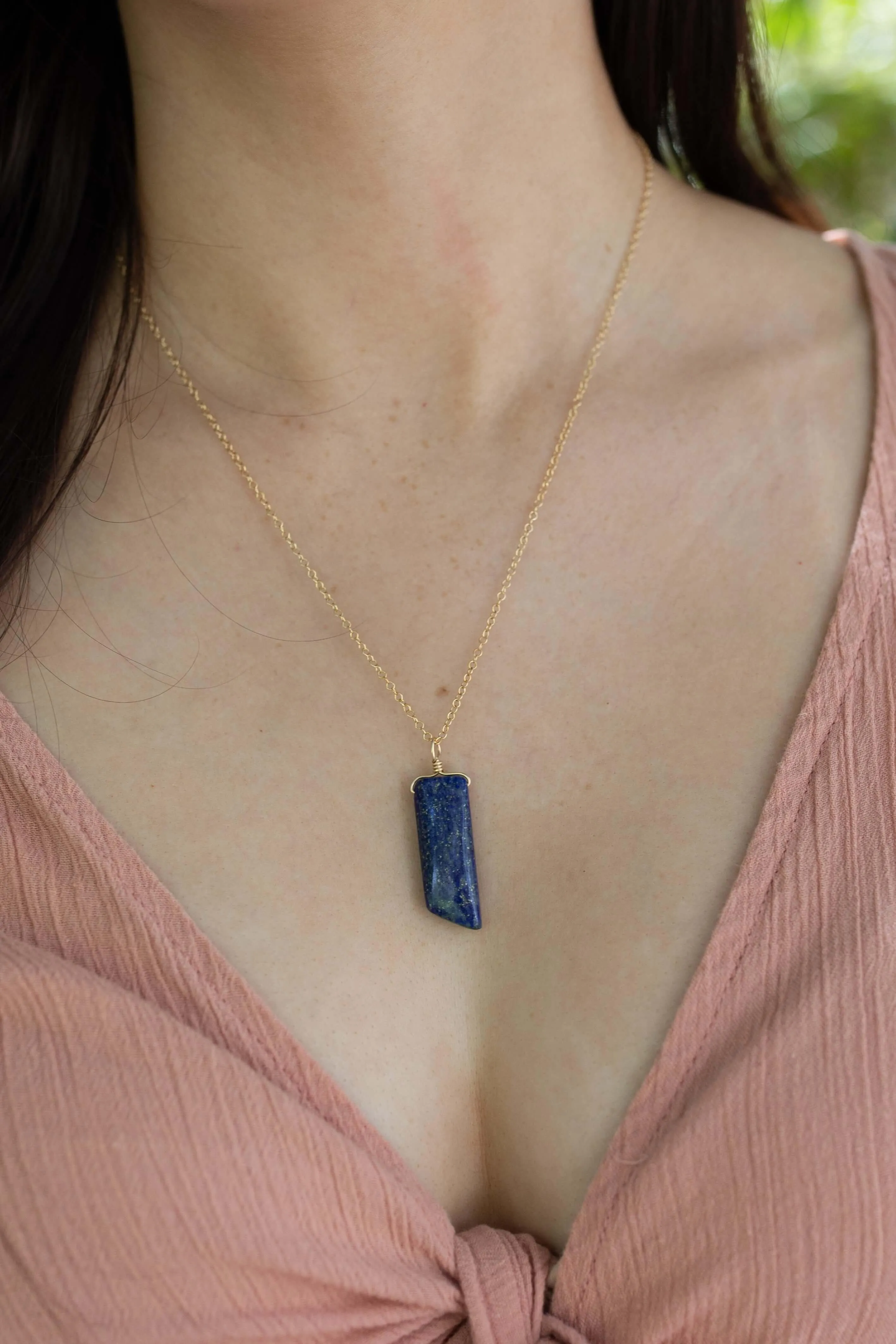 Smooth Blue Lapis Lazuli Natural Point Crystal Necklace