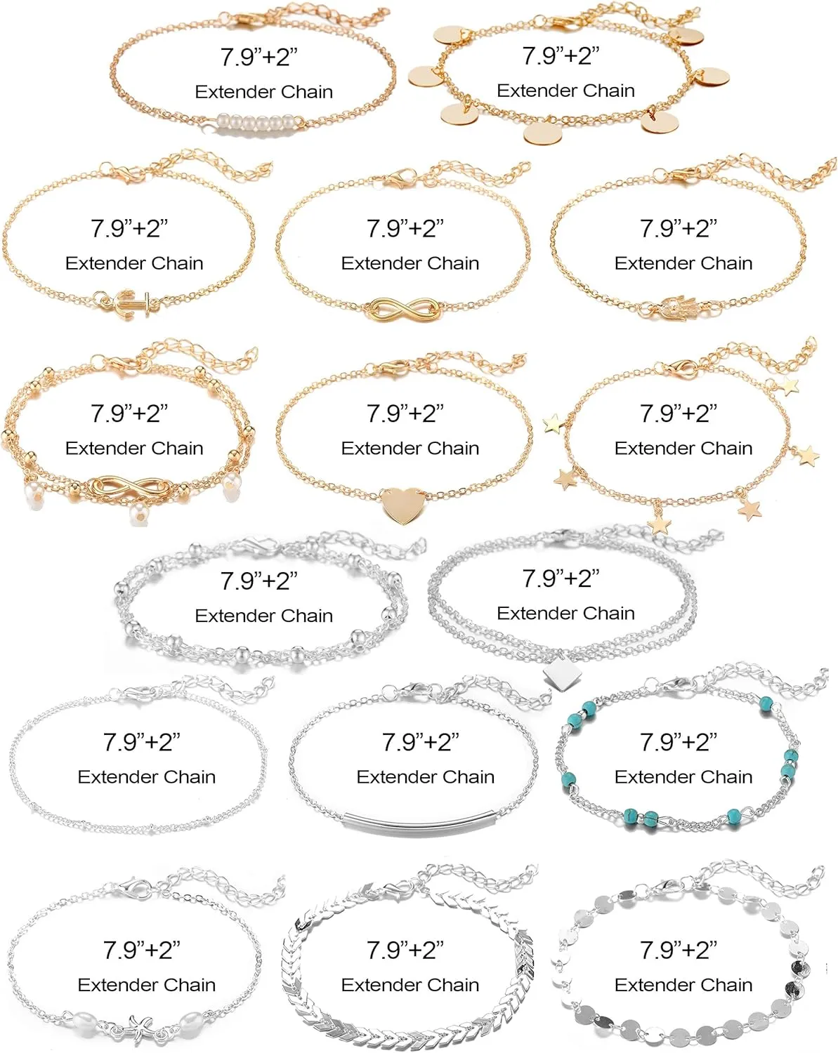 Softones 16Pcs Ankle Bracelets for Women Gold Silver Two Style Chain Beach Anklet Bracelet Jewelry Anklet Set,Adjustable Size