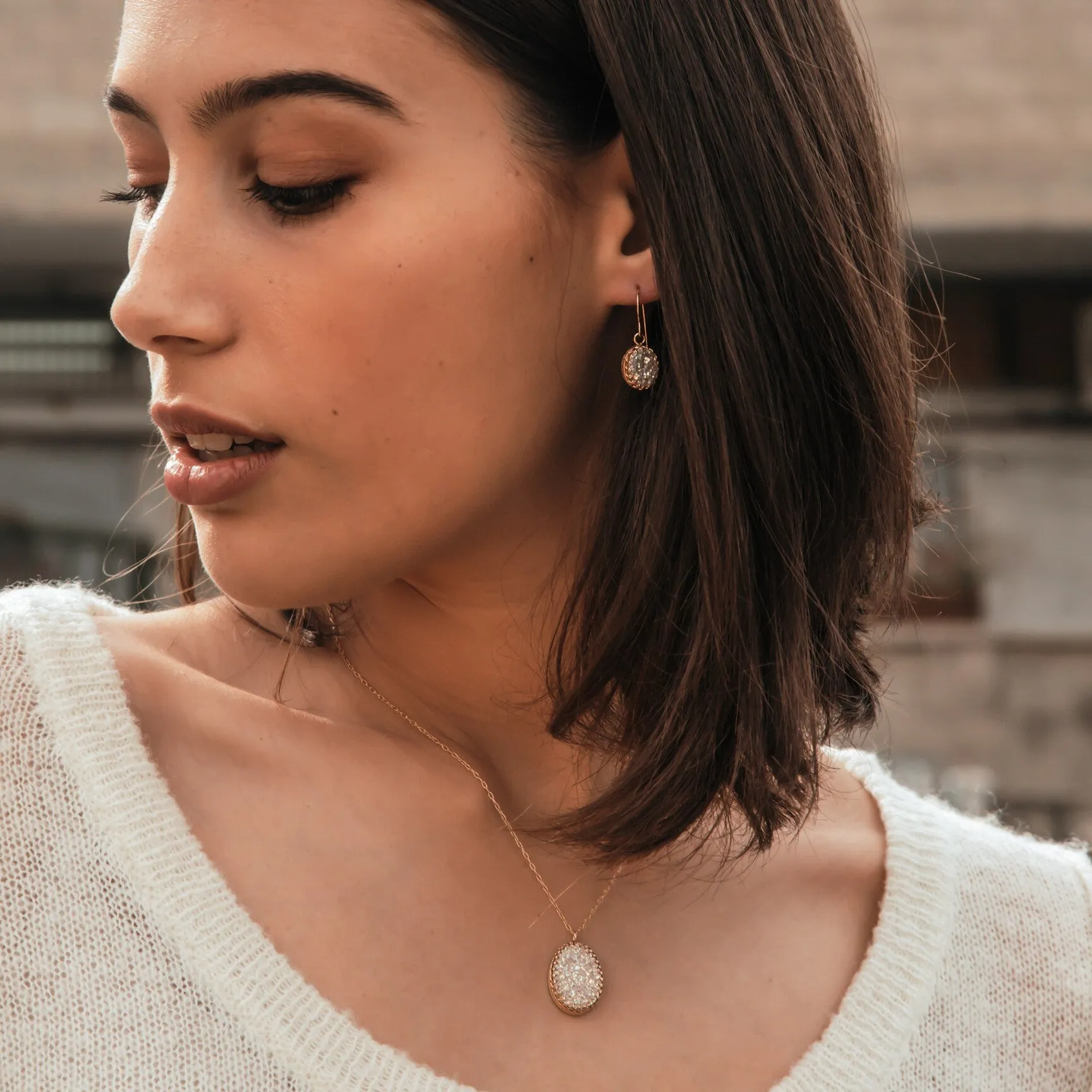 SPIRA Handcrafted 14k Yellow Gold Filled White Agate Druzy Loop Pendant Chain Druzy Gemstone Casual Necklace  Druzy Pendant Druzy Necklace