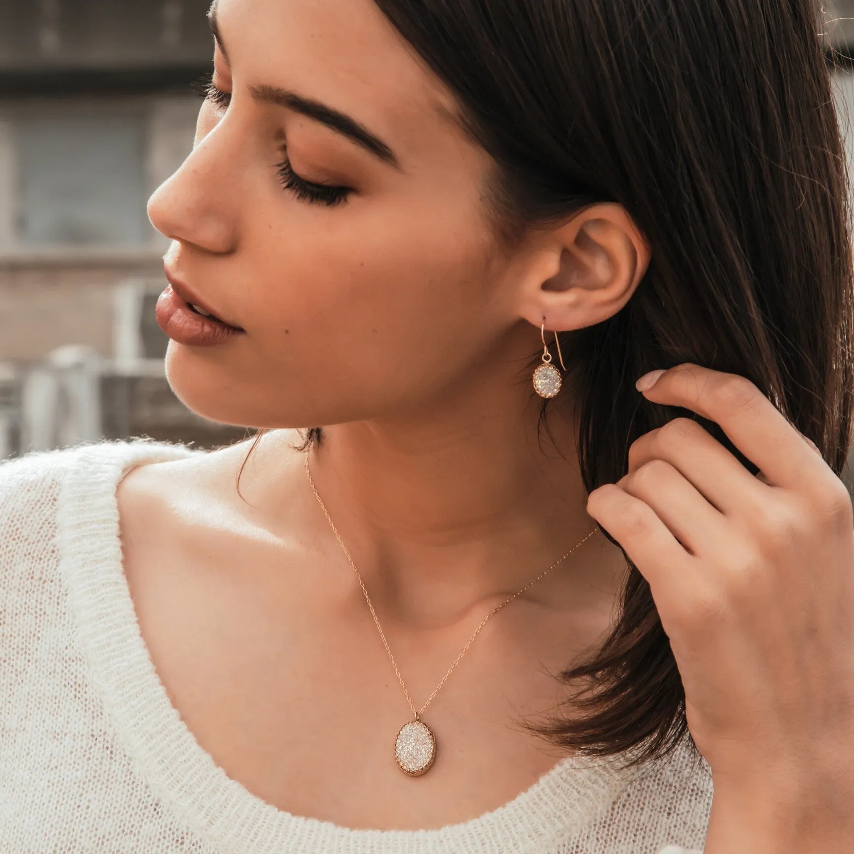 SPIRA Handcrafted 14k Yellow Gold Filled White Agate Druzy Loop Pendant Chain Druzy Gemstone Casual Necklace  Druzy Pendant Druzy Necklace