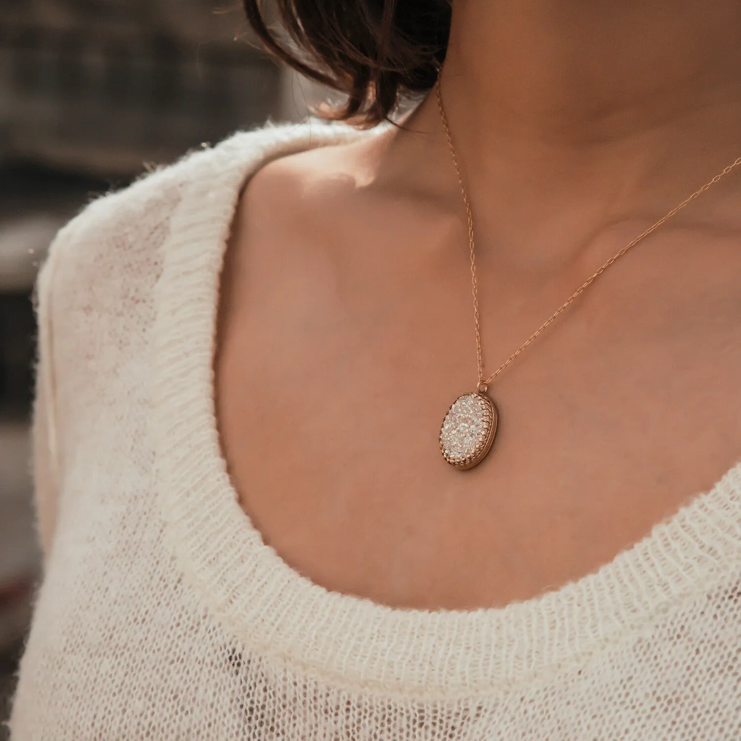 SPIRA Handcrafted 14k Yellow Gold Filled White Agate Druzy Loop Pendant Chain Druzy Gemstone Casual Necklace  Druzy Pendant Druzy Necklace
