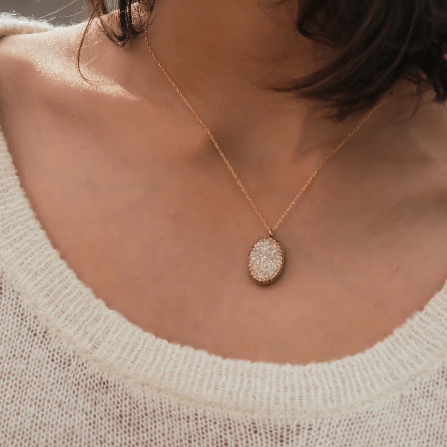 SPIRA Handcrafted 14k Yellow Gold Filled White Agate Druzy Loop Pendant Chain Druzy Gemstone Casual Necklace  Druzy Pendant Druzy Necklace